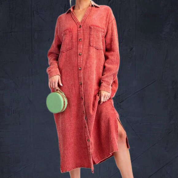 EASEL “Irresistible” Lux Mineral Washed Buttoned Relaxed Fit Shirt Dress Pockets - Picture 13 of 16